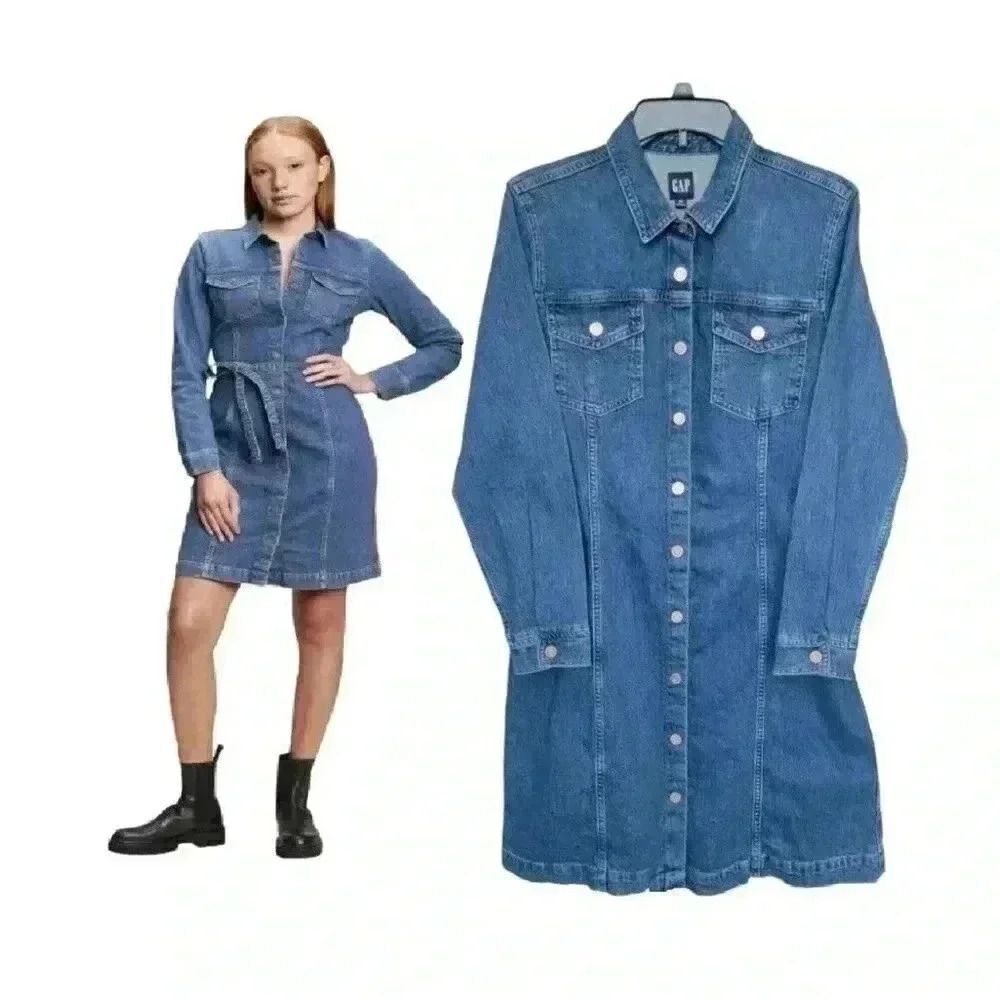 Women's Gap Tailored Denim jacket Dress long sleeve chunky blue cotton 1…